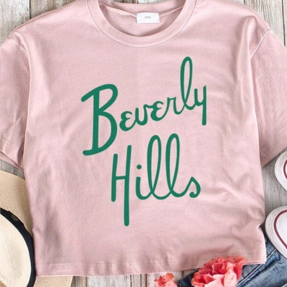 12 Pm By Mon Ami Tops - Pink and Green Beverly Hills Cropped Tee